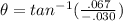 \theta=tan^{-1}(\frac{.067}{-.030})
