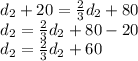d_{2} + 20 = \frac{2}{3}d_{2} +80\\d_{2} = \frac{2}{3}d_{2} +80-20\\d_{2} = \frac{2}{3}d_{2} +60
