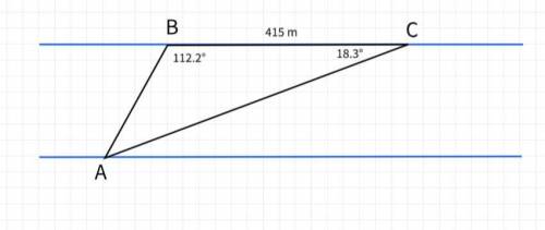 To find the distance AB across a river, a distance BC of 415 m is laid off on one side of the river.
