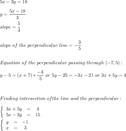 5x-3y=18\\\\y=\dfrac{5x-18}{3} \\\\slope=\dfrac{5}{3} \\\\\\slope\ of\ the\ perpendicular\ line=-\dfrac{3}{5} \\\\\\Equation\ of\ the\ perpendicular\ passing\ through\ (-7,5):\\\\y-5=(x+7)*\dfrac{-3}{5} \ or\ 5y-25=-3x-21 \ or\ 3x+5y=4\\\\\\\\Finding\ intersection\ of the\ line\ and\ the \ perpendicular:\\\\\left \{ \begin{array}{ccc}3x+5y&=&4\\5x-3y&=&15\\\end{array}\right.\\\\\left \{ \begin{array}{ccc}y&=&-1\\x&=&3\\\end{array}\right.\\\\\\
