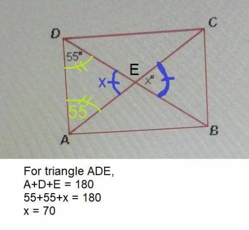 If ABCD is a rectangle, and m_ADB = 55°, what is the value of x? A. 80 O B. 90 O C. 40 O D. 70 O E.