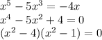 {x}^{5}  - 5 {x}^{3}  =  - 4x \\  {x}^{4}   - 5 {x}^{2}   + 4 = 0 \\ ( {x}^{2}   - 4)( {x}^{2}  - 1)=0