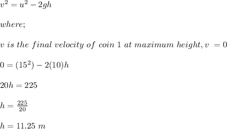 v^2 = u^2 - 2gh\\\\where;\\\\v \ is \ the \ final \ velocity \ of \ coin \ 1 \ at \ maximum \ height, v \ = 0\\\\0 = (15^2) - 2(10)h\\\\20h = 225\\\\h = \frac{225}{20} \\\\h = 11.25 \ m