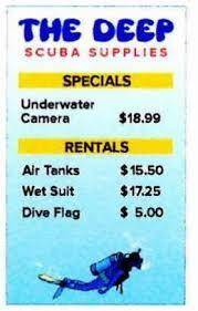 29. SCUBA DIVING The sign shows the equipment rented or sold by a scuba

diving store.
a. Write two
