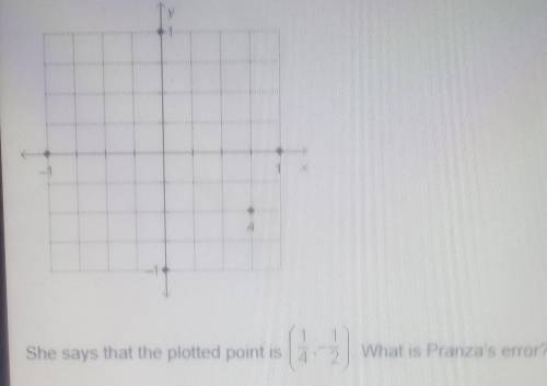 Pranza plotted point A the coordinate plane below she says that the plotted point is (1/4 , -1 / 2)