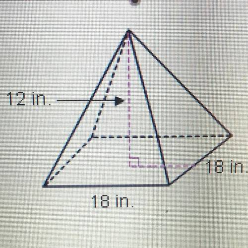 Find the volume of a square pyramid with base edges 18 in, and height 12 in.