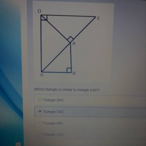 Look at the figure below: which triangle is similar to triangle EAD? Please help ASAP Geomet