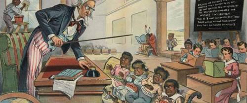 PLEASE HURRY! The political cartoon shows Uncle Sam teaching a class. A cartoon shows Uncle Sam, rep