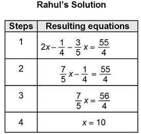 Rahul solved the equation 2(x – ) – 2 left-parenthesis x minus StartFraction 1 Over 8 EndFraction ri