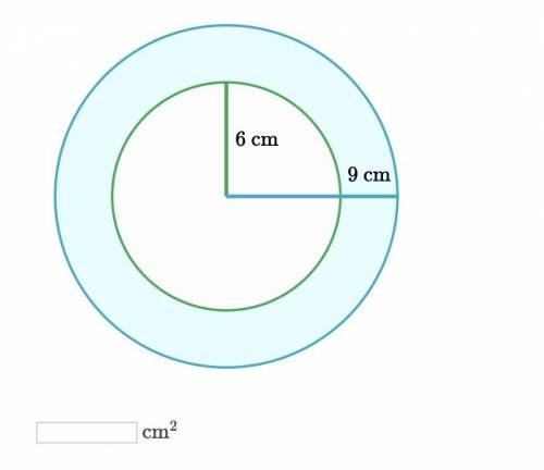 A circle with radius of 6 cm sits inside a circle with radius of 9 cm. What is the area of the shade