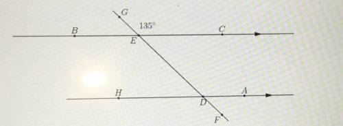 In the diagram below lines H A and B C are parallel. If angle GEC = 135 degrees, what is angle angle