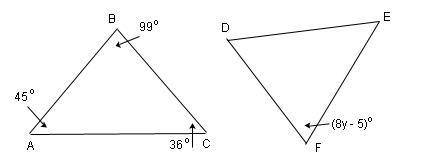 Triangle ABC is congruent to triangle DFE. Find y 1.) 132.) 163.) 204.) 22