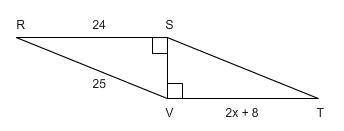 Triangle RSV is congruent to triangle TVS. Find x. 9 8 8.5 10