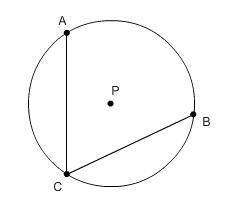 Angle C is an inscribed angle of circle P. Angle C measures (x + 5)° and arc AB measures (4x)° . Fin