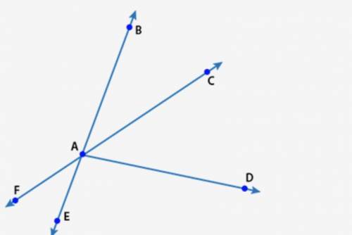 Angles BAE and FAC are straight angles. What angle relationship best describes angles BAC and EAF? A