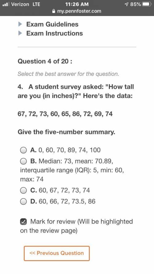 A student survey asked how tall are you in inches heres the data 67,72,73,60,65,86,72,69,74 Give the