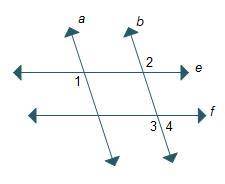 Given: a ∥ b and ∠1 ≅ ∠3Prove: e ∥ fHorizontal and parallel lines e and f are intersected by paralle