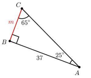 Right triangle ABC has a right angle at ∠B and the following measures: AB=37, m∠C=65°, and m∠A=25°.