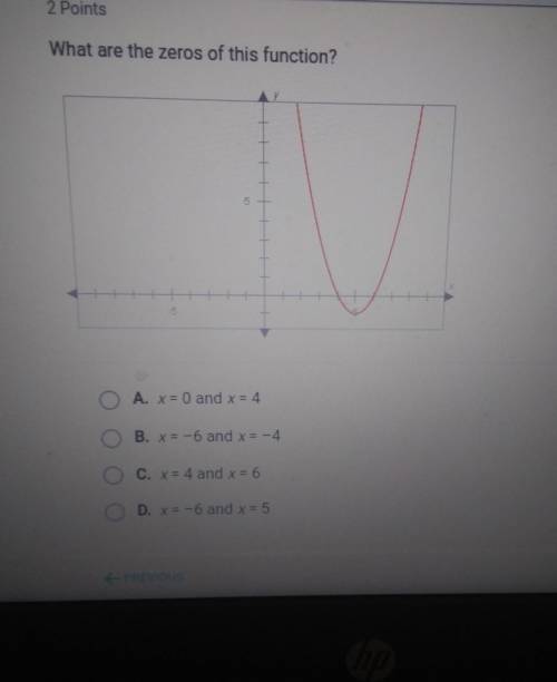 What are the zeros of this function?A. x = 0 and x= 4. B. x= -6 and x= -4c. x= 4 and x = 6D. x= -6 a