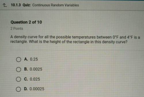 A density curve for all the possible temperatures between O'F and 4°F is arectangle. What is the hei