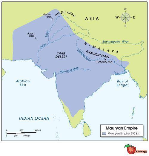 Use this map to answer the question:A map of the territory controlled by the Mauryan Empire around 2