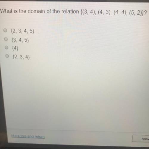 What is the domain of the relation {(3, 4), (4,3), (4,4), (5, 2)}?