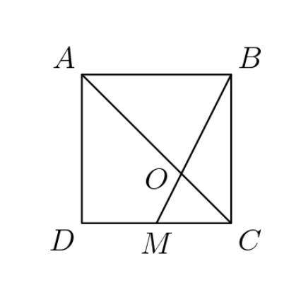 In square ABCD, AD is 4 centimeters, and M is the midpoint of . Let O be the intersection of  and .