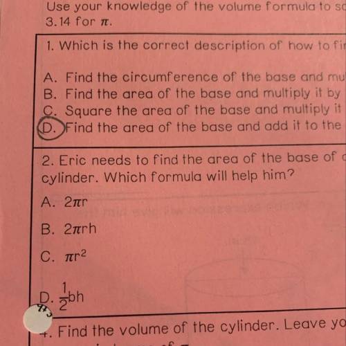 Eric needs to find the area of the base of a cylinder. Which formula will help him? pls help