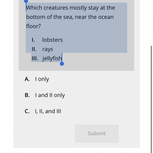 Which creatures mostly stay at the bottom of the sea, near the ocean floor? I. lobsters  II. rays  I
