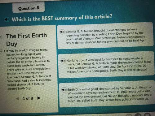 Which is the BEST summary of this article? (The First Earth Day) I-Ready Last question. Level G