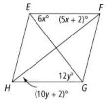 Given EF = HG and EH = FG, for what values of x and y is EFGH a rhombus? A. x = 2, y = 1 B. x = 8, y