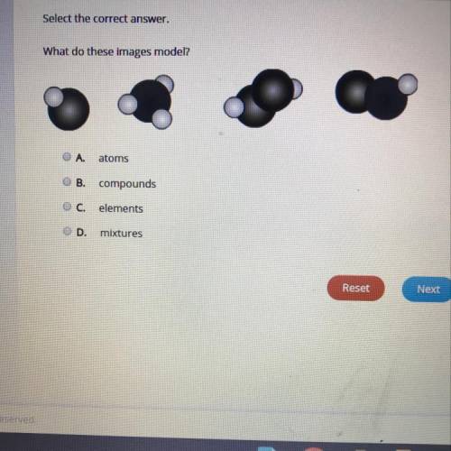 Select the correct answer. What do these images model? A atoms B. compounds C. elements D. mixtures