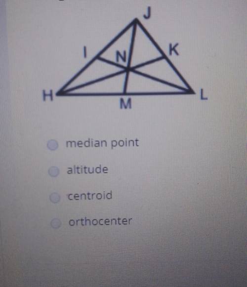In segments JM, HK and LI are medians of triangle JHL, what is the name of point N?