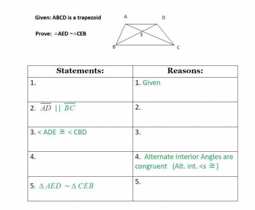 PLZ HELP ASAP Given- ABCD is a trapezoid Prove: triangle AED is approximately triangle CEB