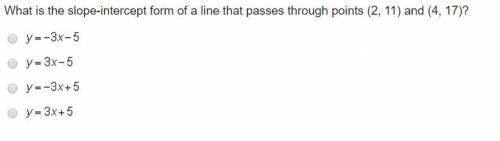 PLEASE HELP TIMED 1) What is the slope-intercept form of a line that passes through points (2, 1