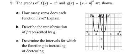 The graphs of f(x) = x^4 and g(x) = (x + 4)^4 are shown. a. How many zeros does each function have?