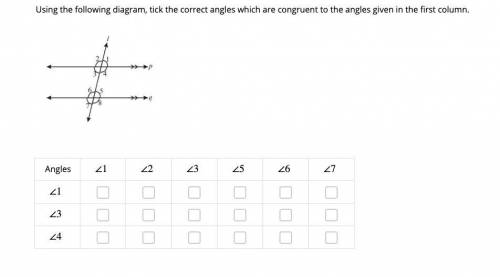 Using the following diagram, tick the correct angles which are congruent to the angles given in the