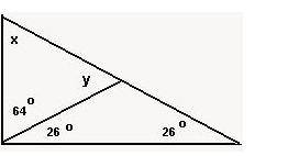 Apply the properties of angles to solve for the missing angles. Angle y is what degrees. Angle x is