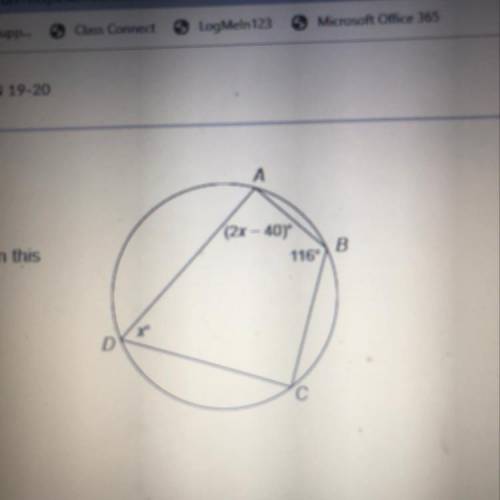 Quadrilateral ABCD is inscribed in this circle. What is the measure of angle A? Enter your answer in