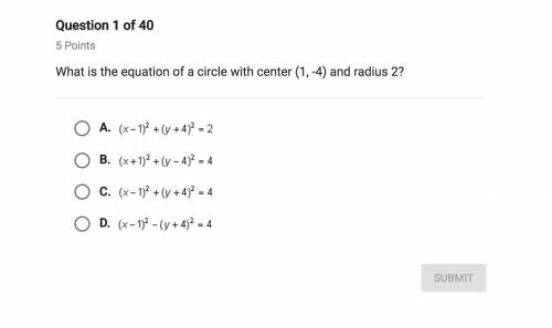 What is the equation of a circle with center (1, -4) and radius 2?