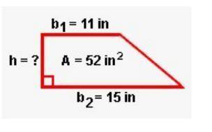 Will mark brainliest The area of a trapezoid is 52 in2 . Use the figure to find the height of the tr