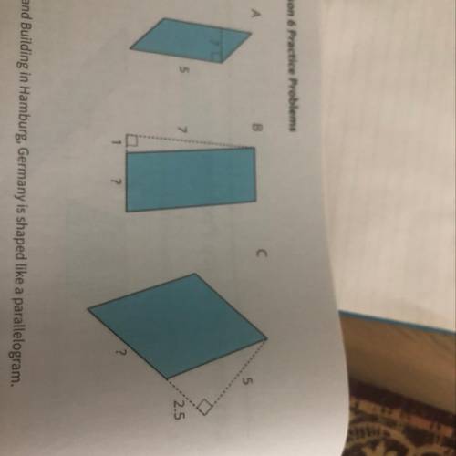 Here are the areas of three parallelograms. Use them to find the missing length (labeled ?) on each