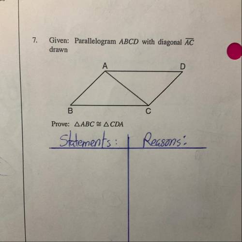 Given: Parallelogram ABCD with diagonal AC drawn Prove: triangle ABC is equal to triangle CDA