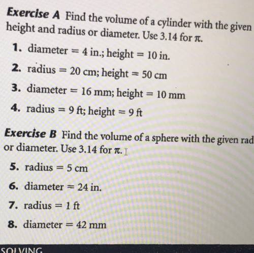 Volume of cylinder with the given height and radius or diameter