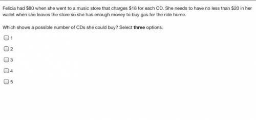 Felicia had $80 when she went to a music store that charges $18 for each CD. She needs to have no le