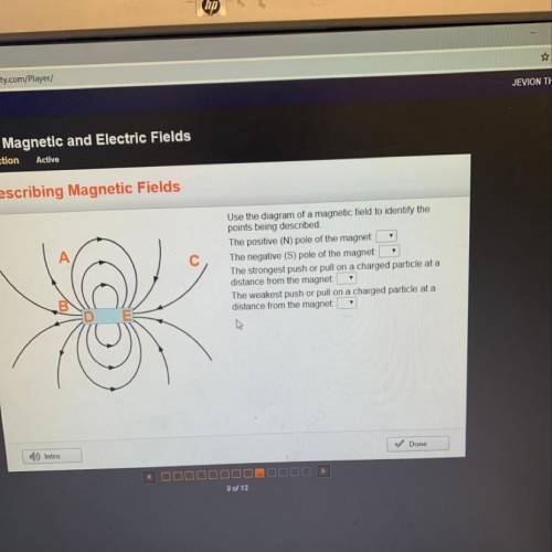 Use the diagram of a magnetic field to identify the points being described. The positive (N) pole of
