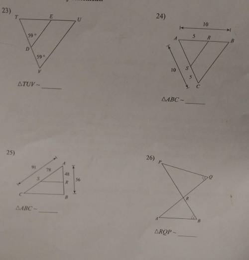 State if the triangles in each pair are similar. If so, State how you know, they are similar and com