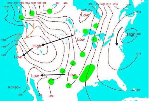 Select the correct location on the image. A weather map shows contrasting systems of low pressure an