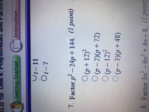 HELP ME PLEASE Factor p^2-24p+144.A: (p+12)^2B: (p-2)(p+74)C: (p-12)^2D: (p-3)(p+48)