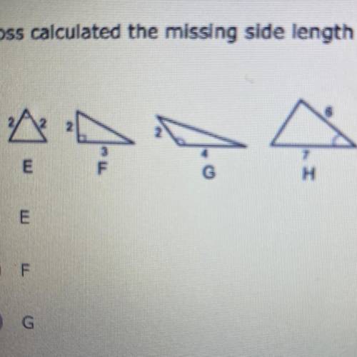 Ross calculated the missing side length of one of these triangles using the pythagorean Theorem. Whi